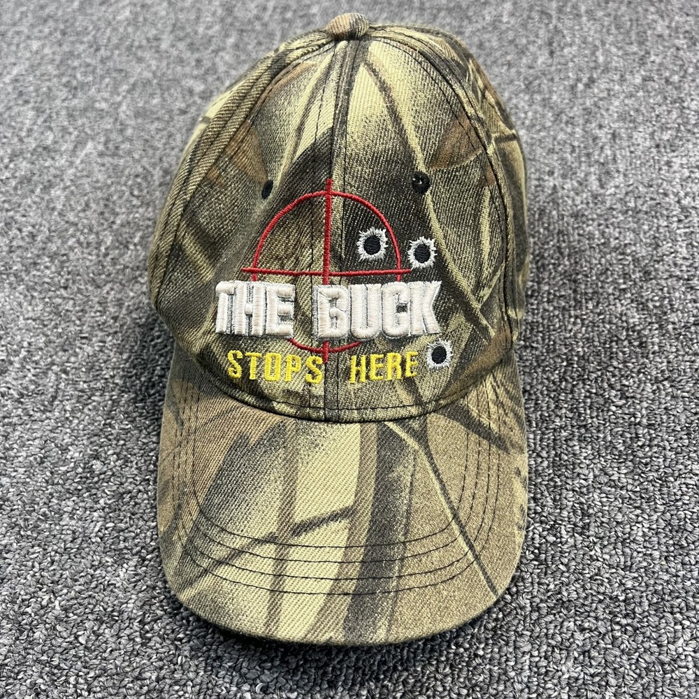 Vintage The Buck Stops Here Camo Hunting Hat OSFM Green Brown Trucker Cap